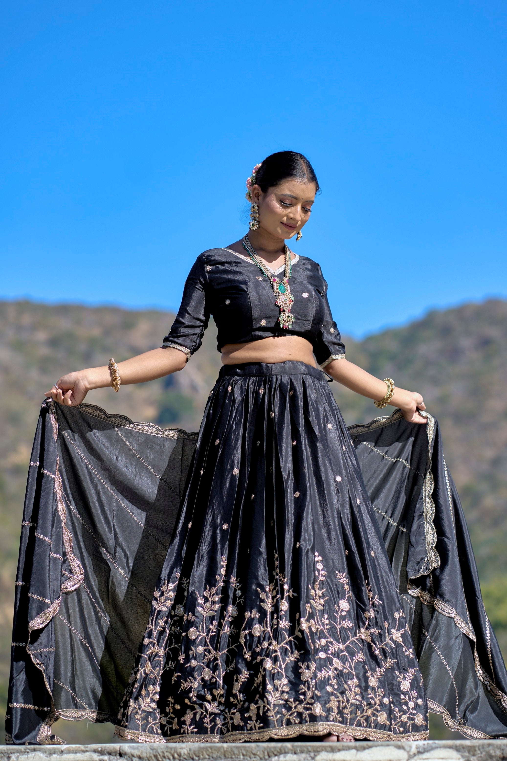 Vedant Vastram Embroidered Heavy Chinon Lehenga Choli With Blouse & Dupatta - Black - Distacart