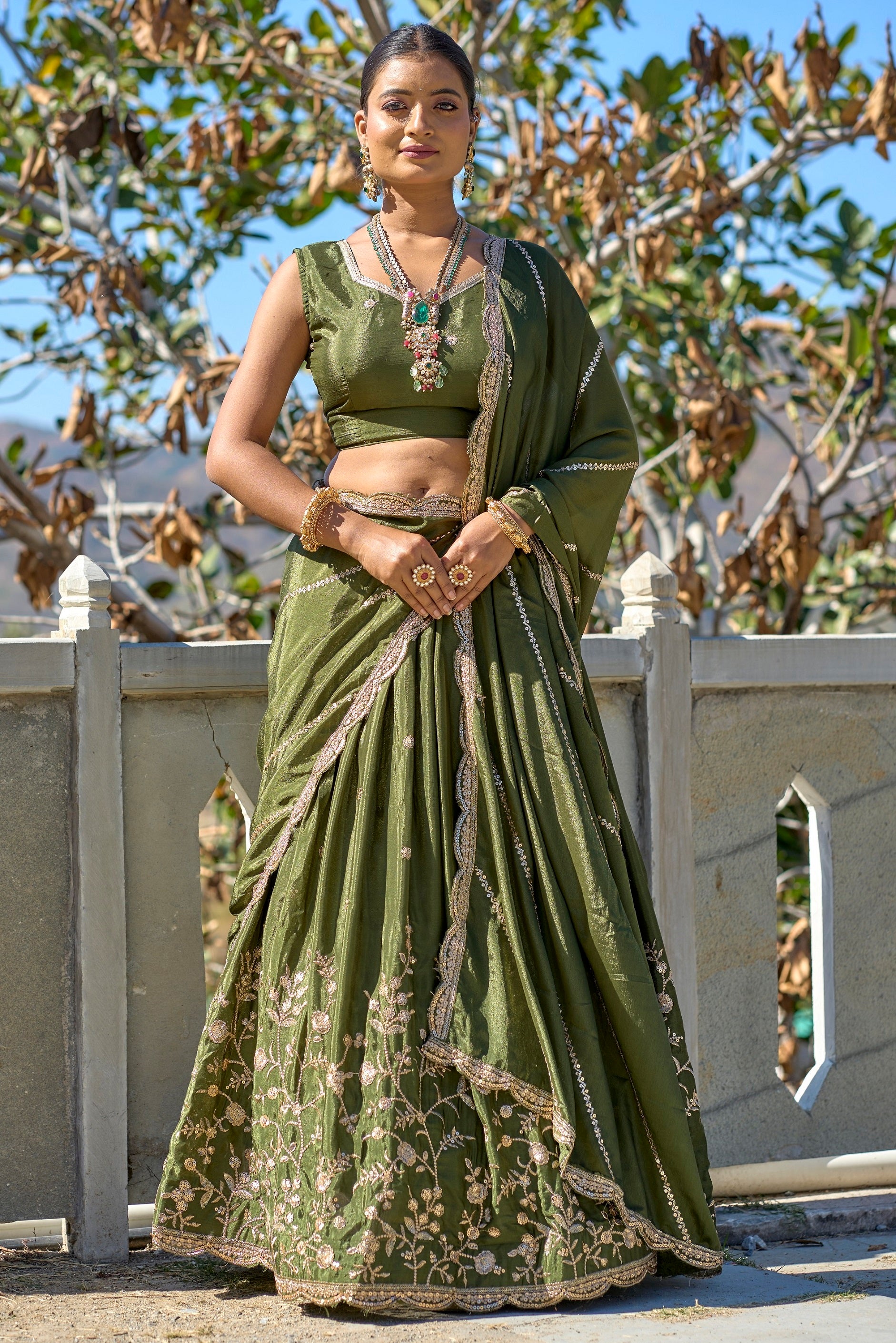 Vedant Vastram Embroidered Heavy Chinon Lehenga Choli With Blouse & Dupatta - Mehendi - Distacart