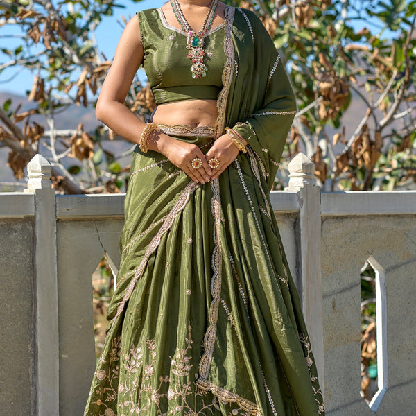 Vedant Vastram Embroidered Heavy Chinon Lehenga Choli With Blouse & Dupatta - Mehendi - Distacart