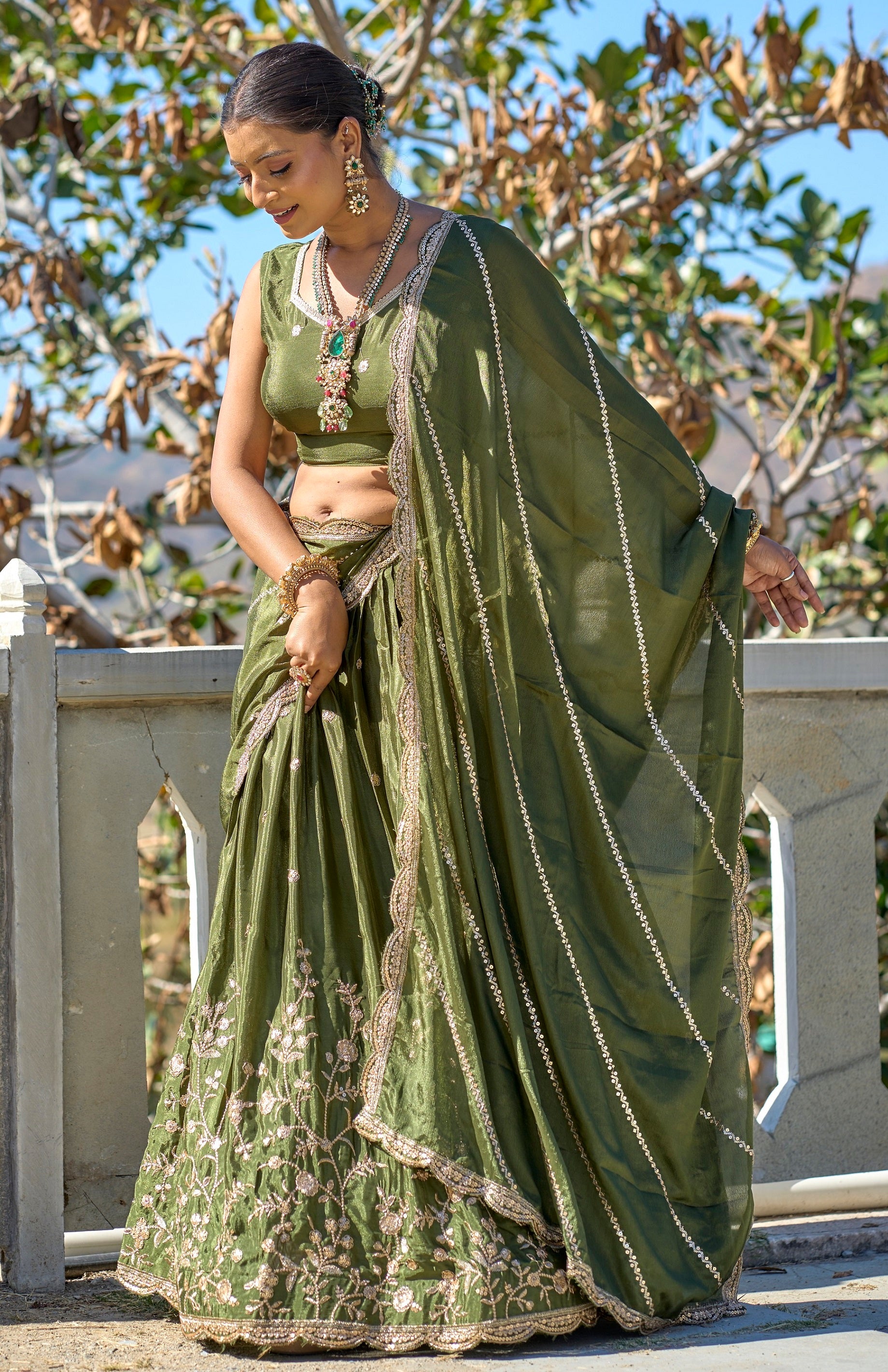 Vedant Vastram Embroidered Heavy Chinon Lehenga Choli With Blouse & Dupatta - Mehendi - Distacart