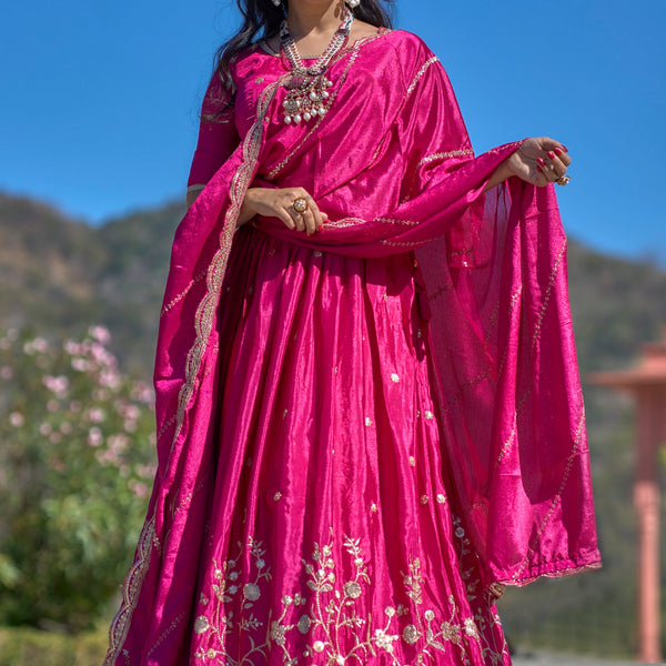 Vedant Vastram Embroidered Heavy Chinon Lehenga Choli With Blouse & Dupatta - Rani Pink - Distacart