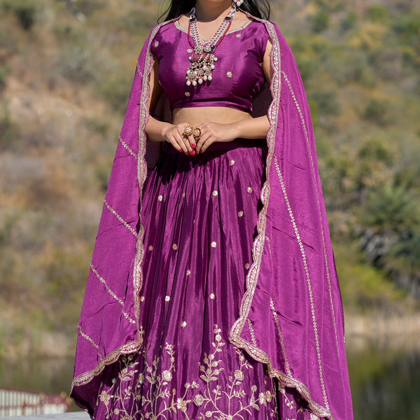 Vedant Vastram Embroidered Heavy Chinon Lehenga Choli With Blouse & Dupatta - Wine - Distacart