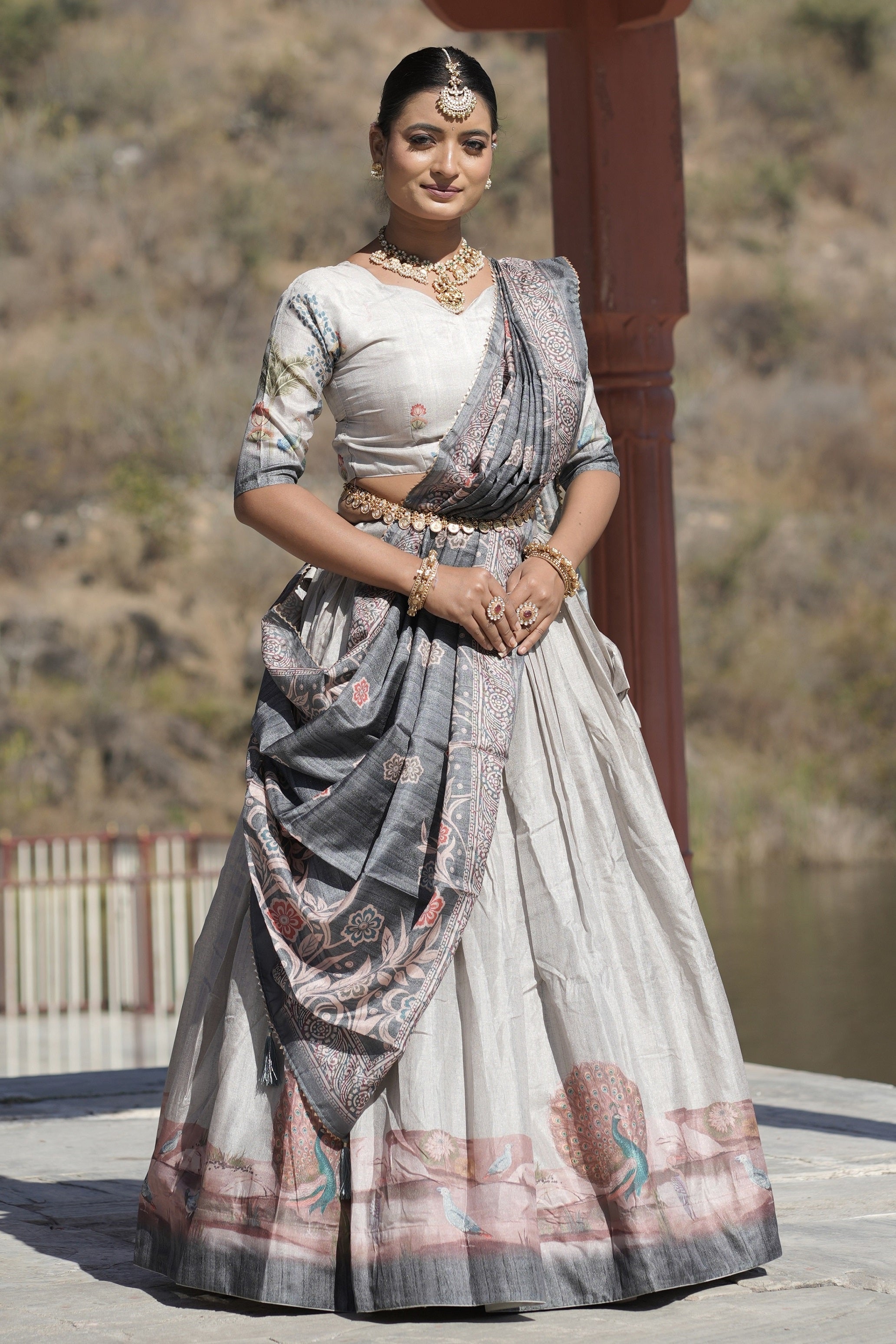 Vedant Vastram Fully Printed Pure Manipuri Silk Lehenga Choli With Blouse & Dupatta - Grey - Distacart