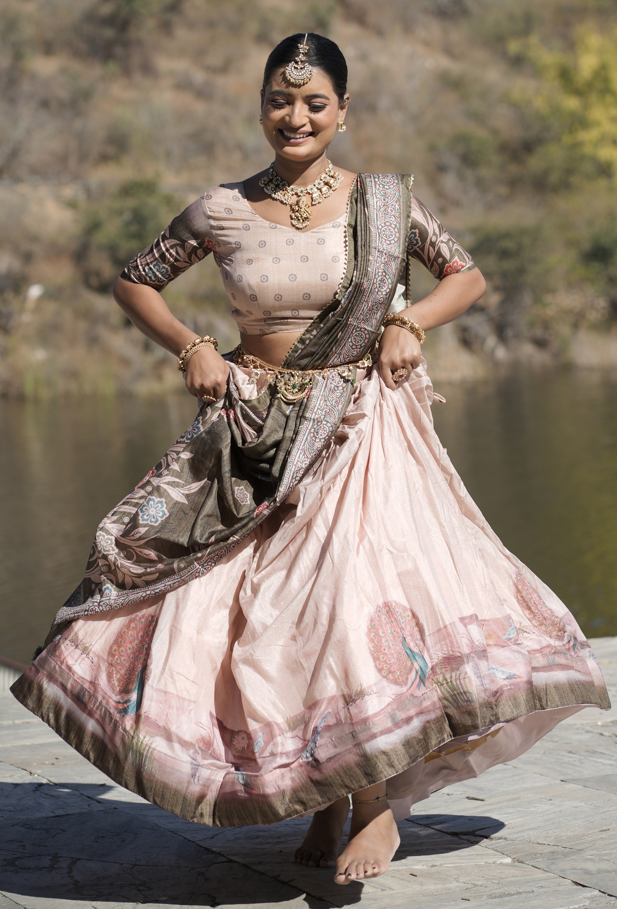 Vedant Vastram Fully Printed Pure Manipuri Silk Lehenga Choli With Blouse & Dupatta - Peach - Distacart
