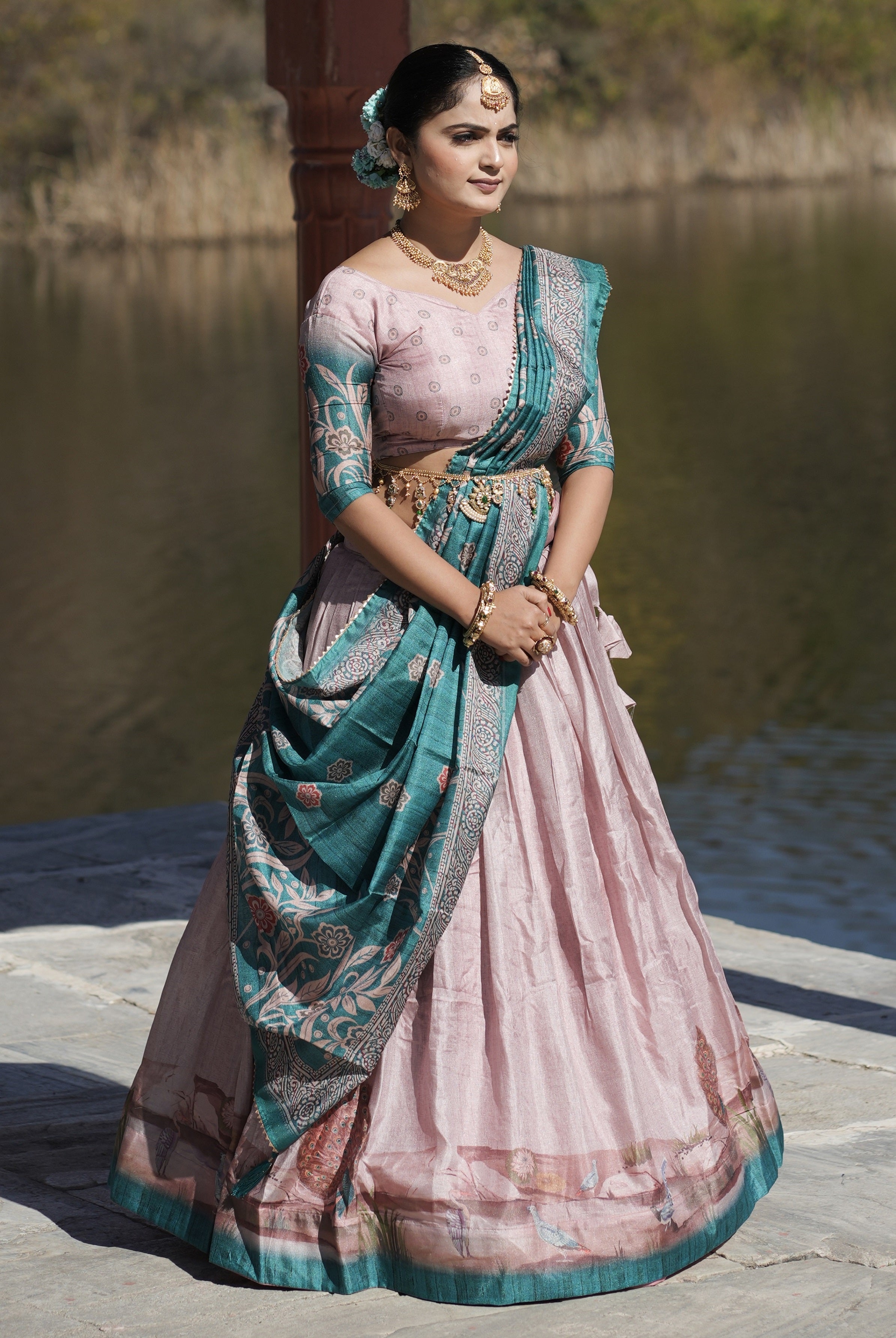 Vedant Vastram Fully Printed Pure Manipuri Silk Lehenga Choli With Blouse & Dupatta - Pink - Distacart