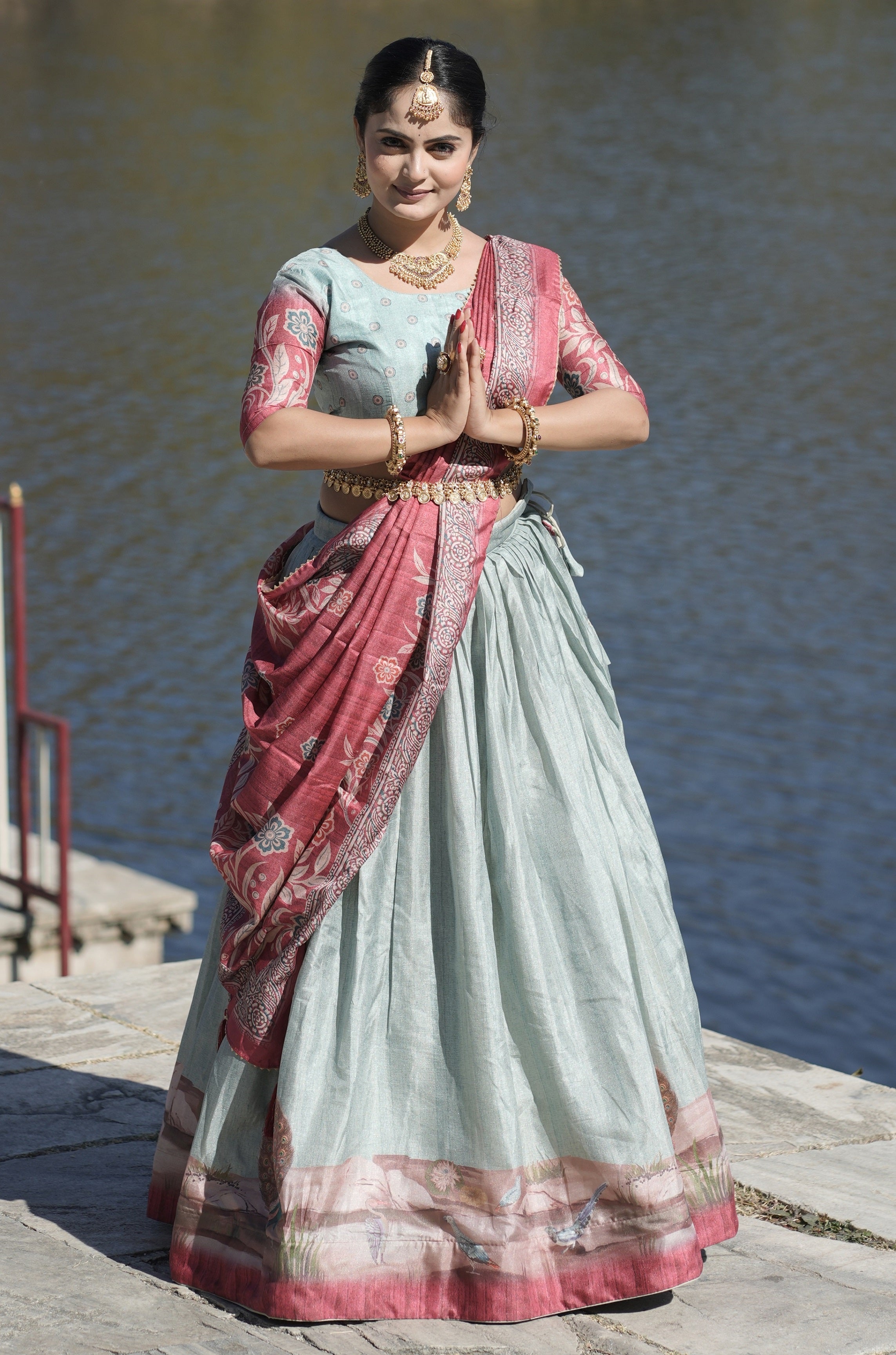 Vedant Vastram Fully Printed Pure Manipuri Silk Lehenga Choli With Blouse & Dupatta - Sky Blue - Distacart