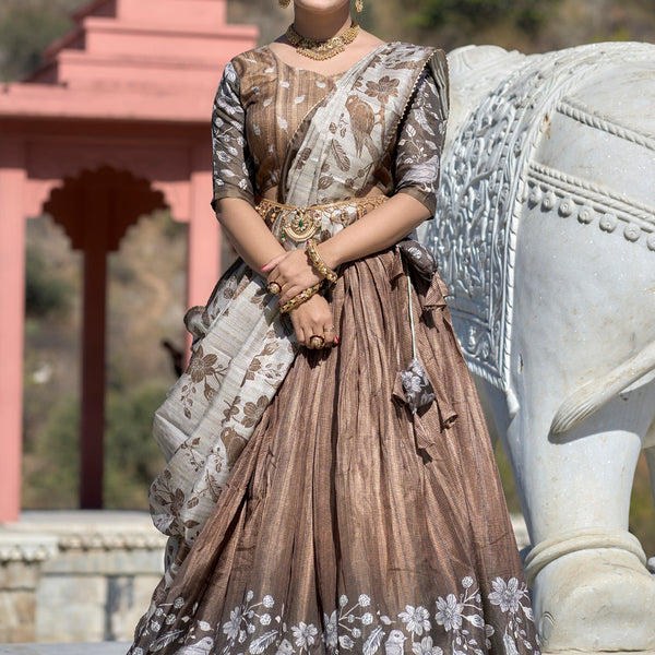 Vedant Vastram Fully Printed Pure Manipuri Silk Lehenga Choli With Blouse & Dupatta - Brown - Distacart