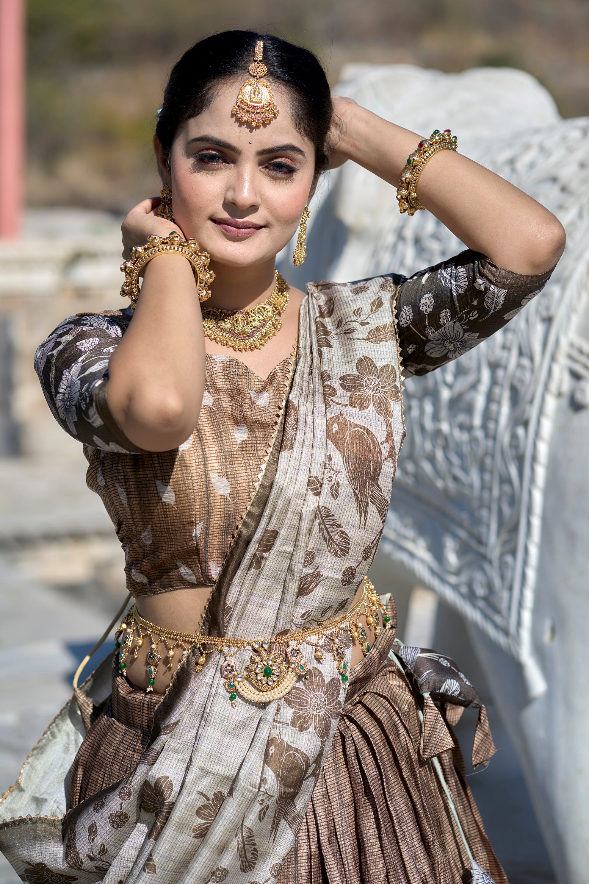 Vedant Vastram Fully Printed Pure Manipuri Silk Lehenga Choli With Blouse & Dupatta - Brown - Distacart