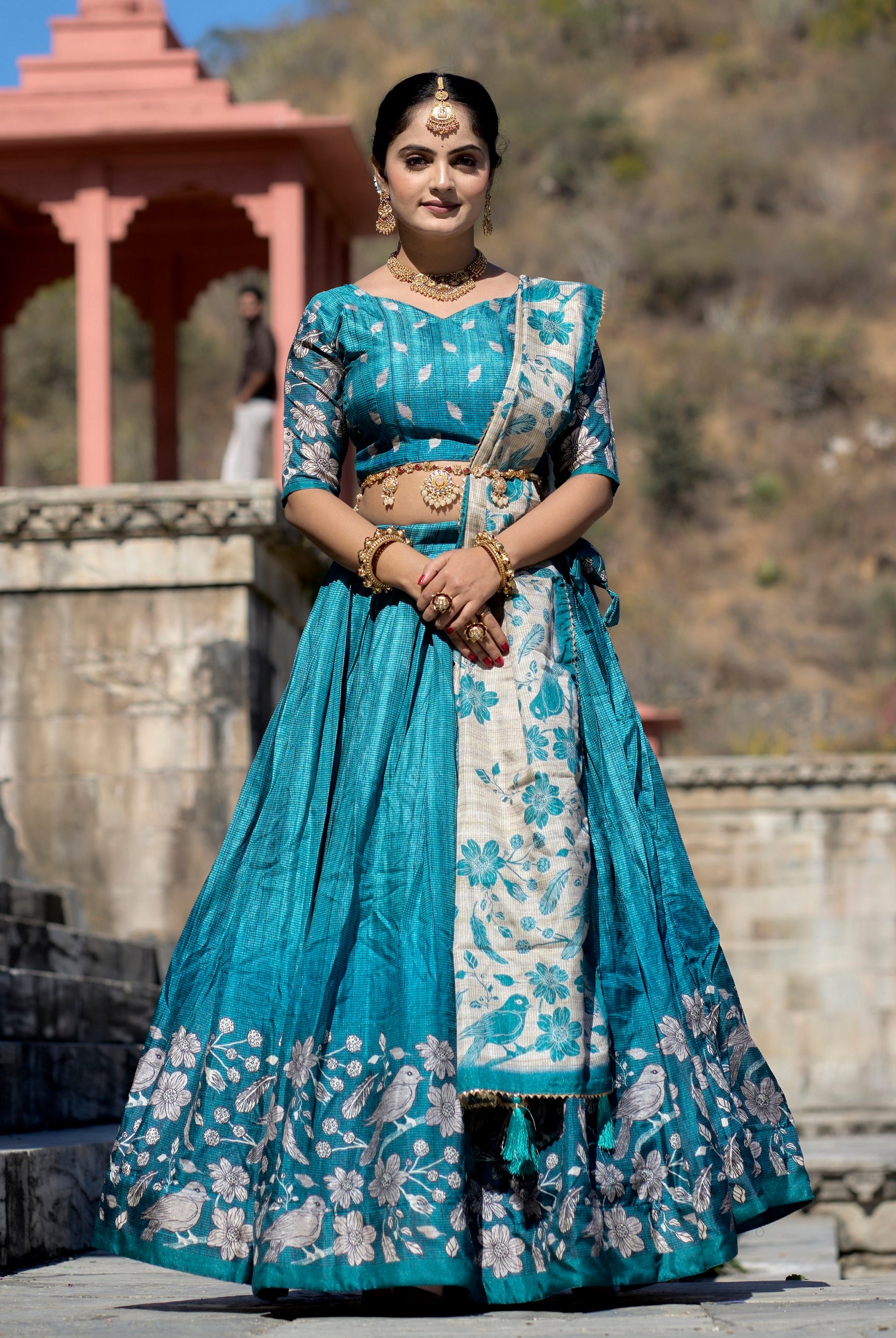 Vedant Vastram Fully Printed Pure Manipuri Silk Lehenga Choli With Blouse & Dupatta - Turquoise - Distacart