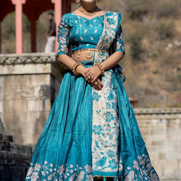 Vedant Vastram Fully Printed Pure Manipuri Silk Lehenga Choli With Blouse & Dupatta - Turquoise - Distacart