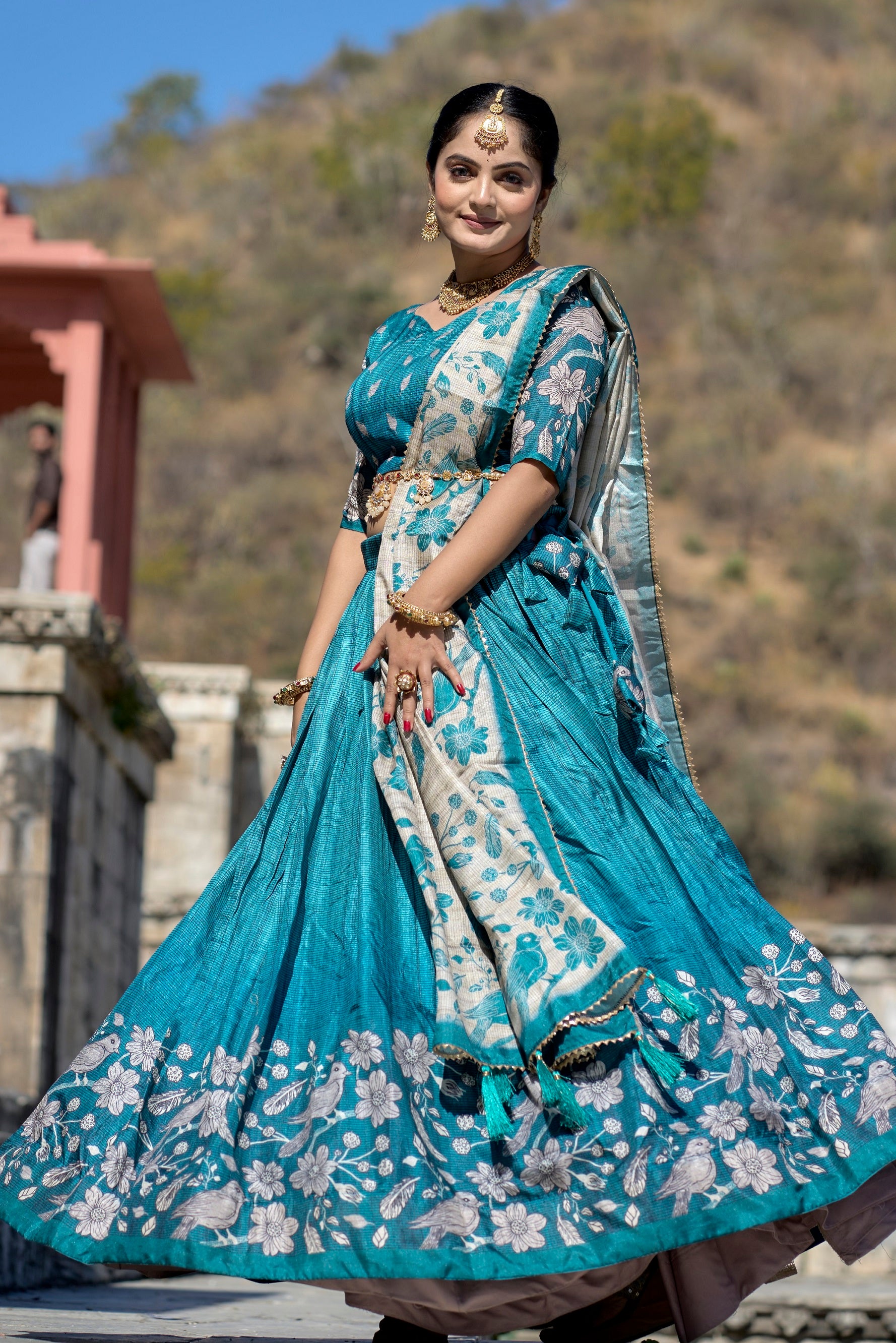 Vedant Vastram Fully Printed Pure Manipuri Silk Lehenga Choli With Blouse & Dupatta - Turquoise - Distacart
