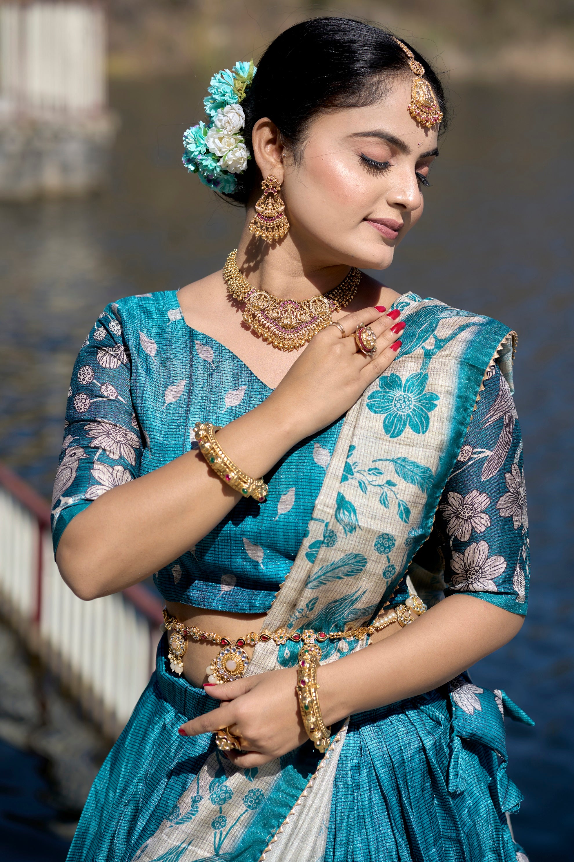 Vedant Vastram Fully Printed Pure Manipuri Silk Lehenga Choli With Blouse & Dupatta - Turquoise - Distacart