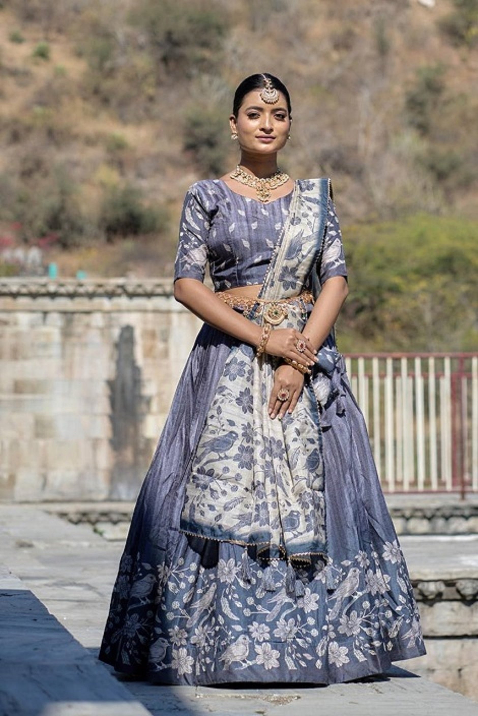Vedant Vastram Fully Printed Pure Manipuri Silk Lehenga Choli With Blouse & Dupatta - Grey - Distacart