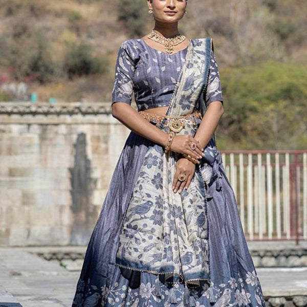 Vedant Vastram Fully Printed Pure Manipuri Silk Lehenga Choli With Blouse & Dupatta - Grey - Distacart