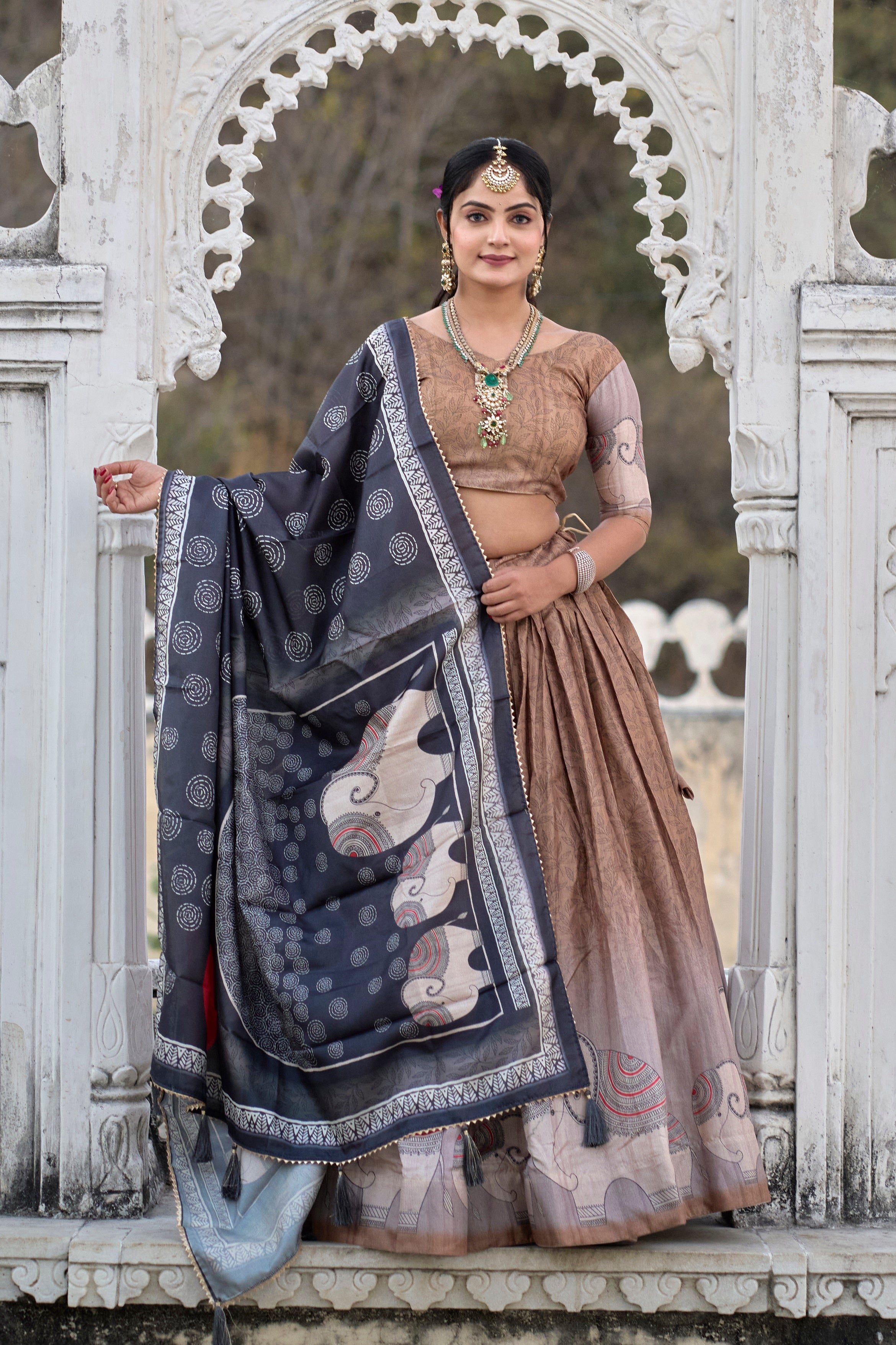 Vedant Vastram Fully Printed Pure Manipuri Silk Lehenga Choli With Blouse & Dupatta - Brown - Distacart