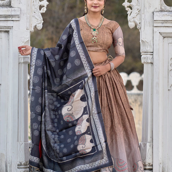Vedant Vastram Fully Printed Pure Manipuri Silk Lehenga Choli With Blouse & Dupatta - Brown - Distacart