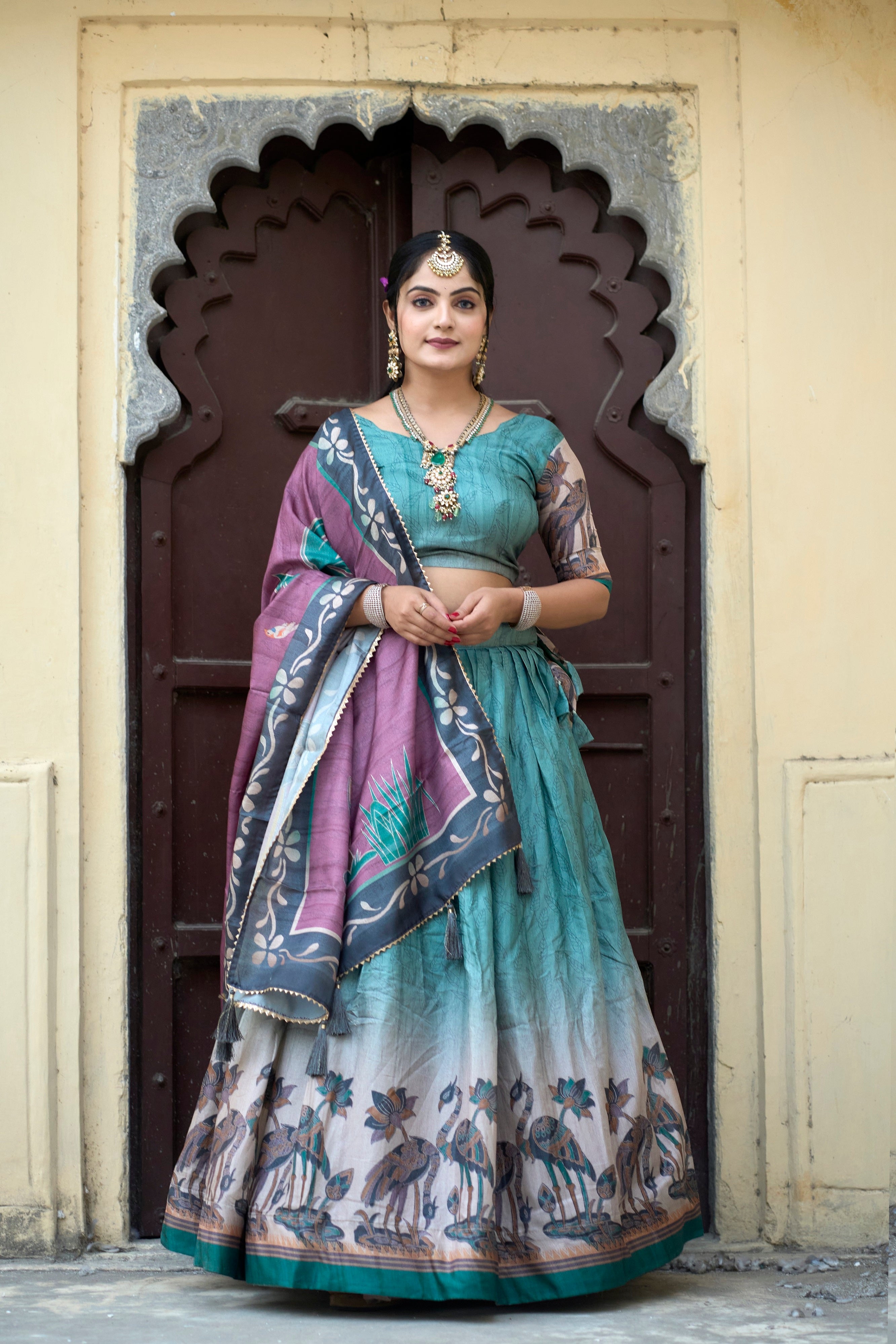 Vedant Vastram Fully Printed Pure Manipuri Silk Lehenga Choli With Blouse & Dupatta - Rama - Distacart