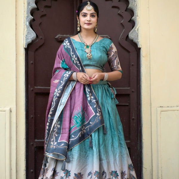 Vedant Vastram Fully Printed Pure Manipuri Silk Lehenga Choli With Blouse & Dupatta - Rama - Distacart