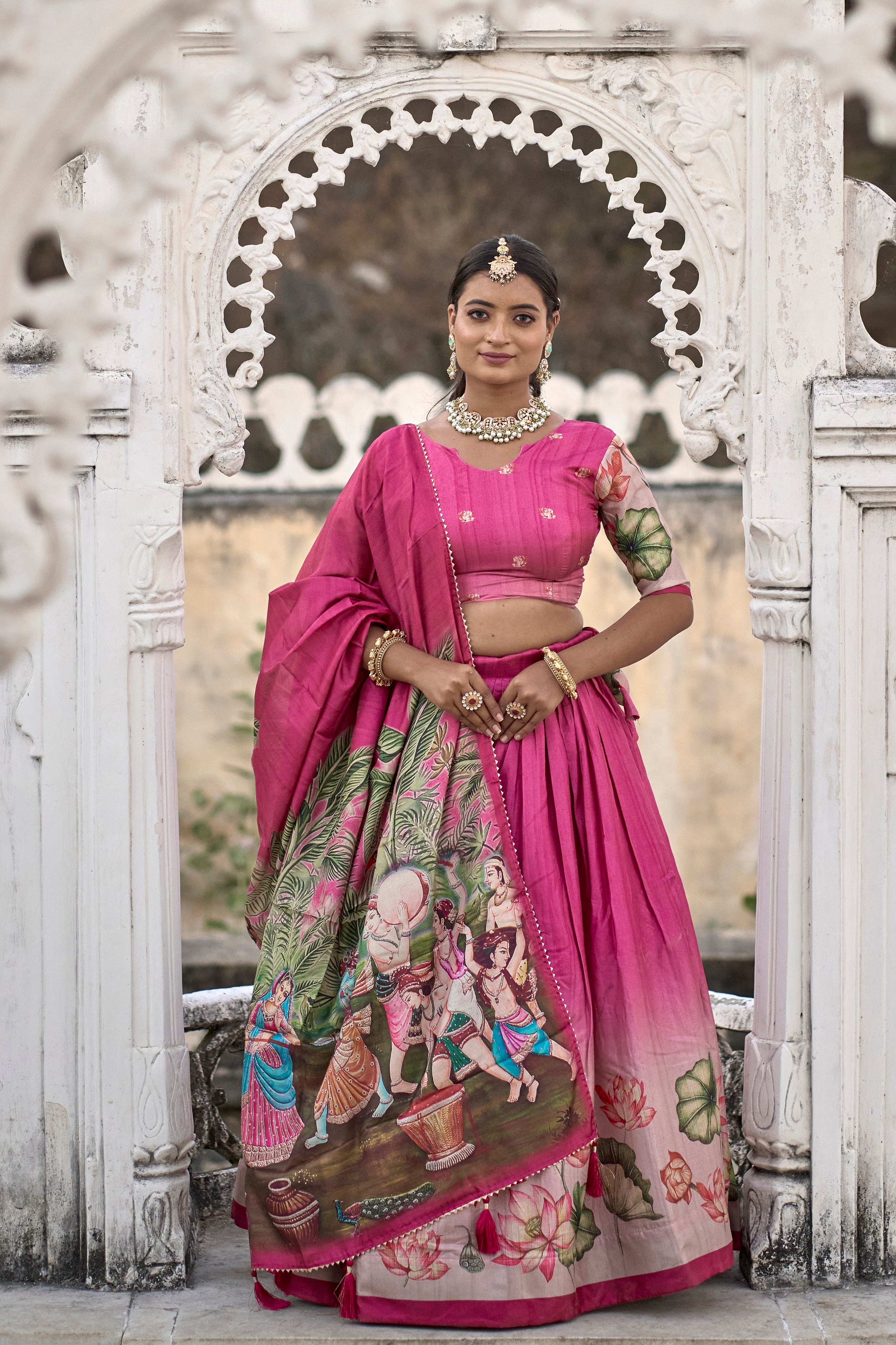 Vedant Vastram Fully Printed Pure Manipuri Silk Lehenga Choli With Blouse & Dupatta - Pink - Distacart