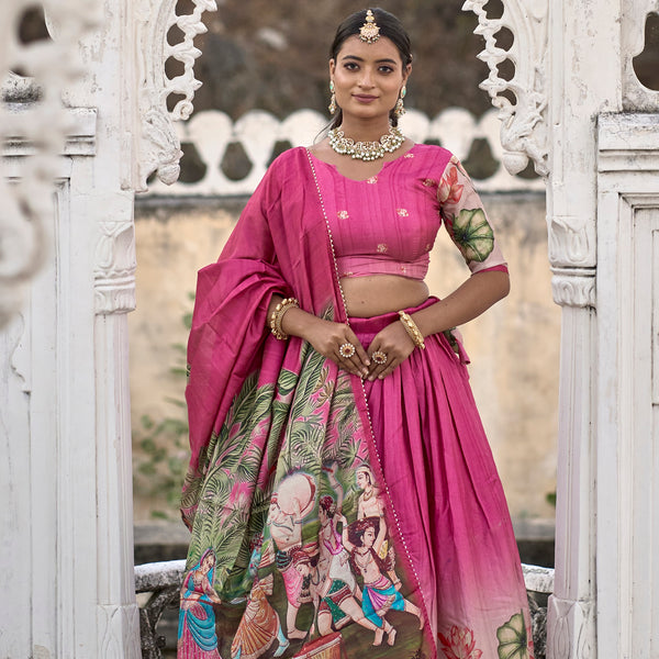Vedant Vastram Fully Printed Pure Manipuri Silk Lehenga Choli With Blouse & Dupatta - Pink - Distacart