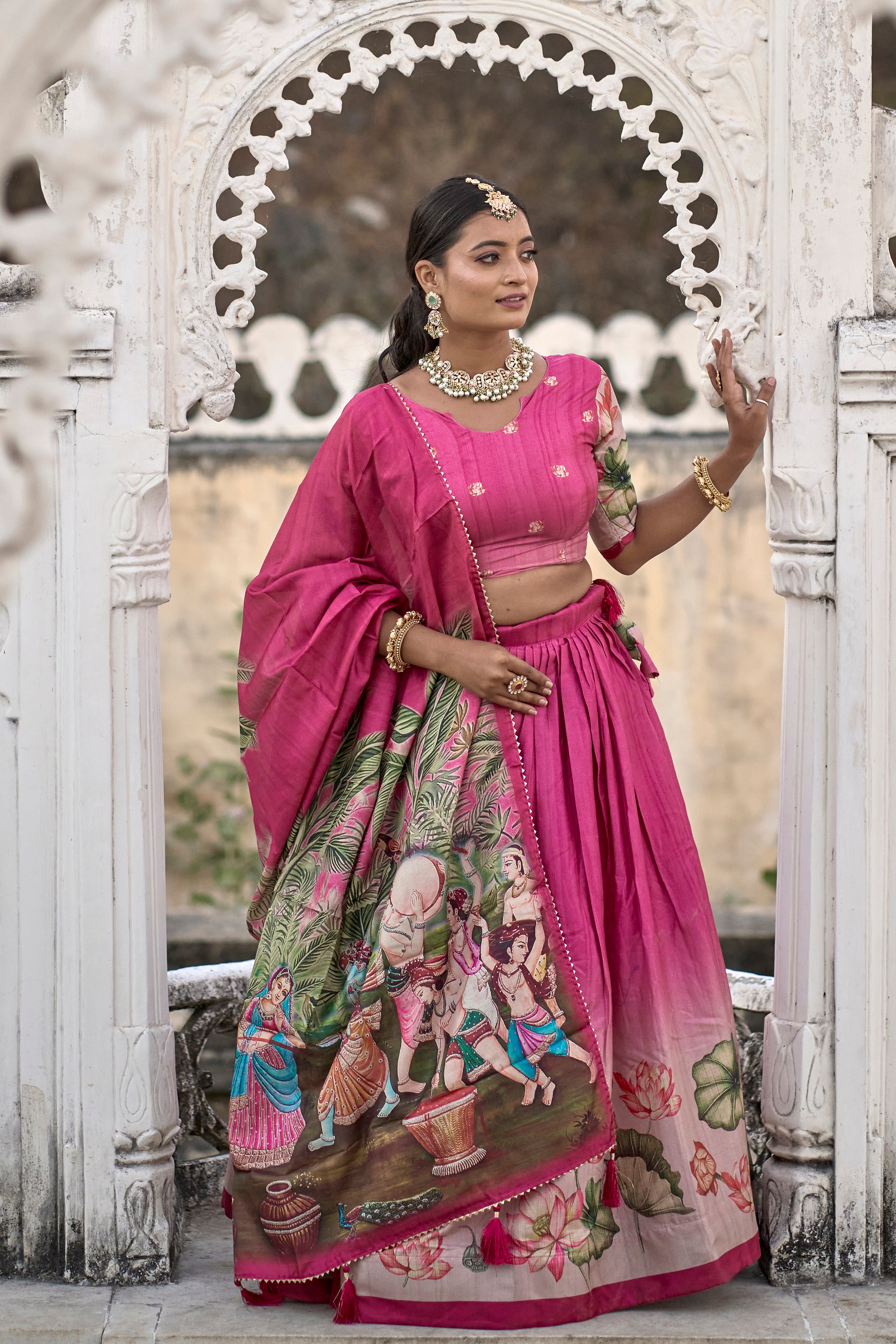 Vedant Vastram Fully Printed Pure Manipuri Silk Lehenga Choli With Blouse & Dupatta - Pink - Distacart