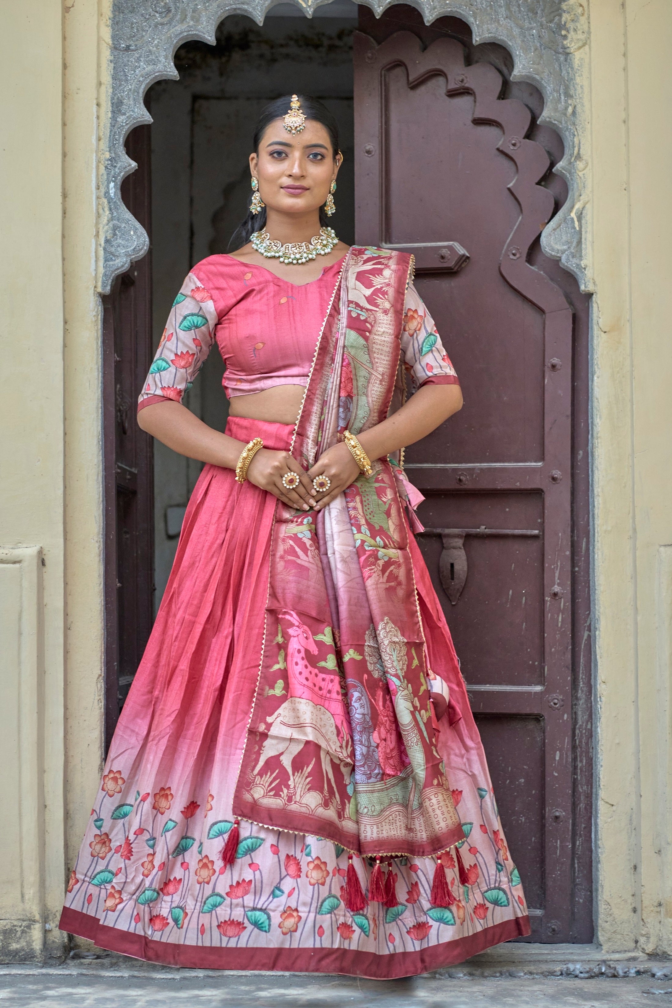 Vedant Vastram Fully Printed Pure Manipuri Silk Lehenga Choli With Blouse & Dupatta - Peach - Distacart