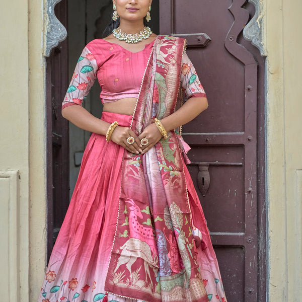 Vedant Vastram Fully Printed Pure Manipuri Silk Lehenga Choli With Blouse & Dupatta - Peach - Distacart