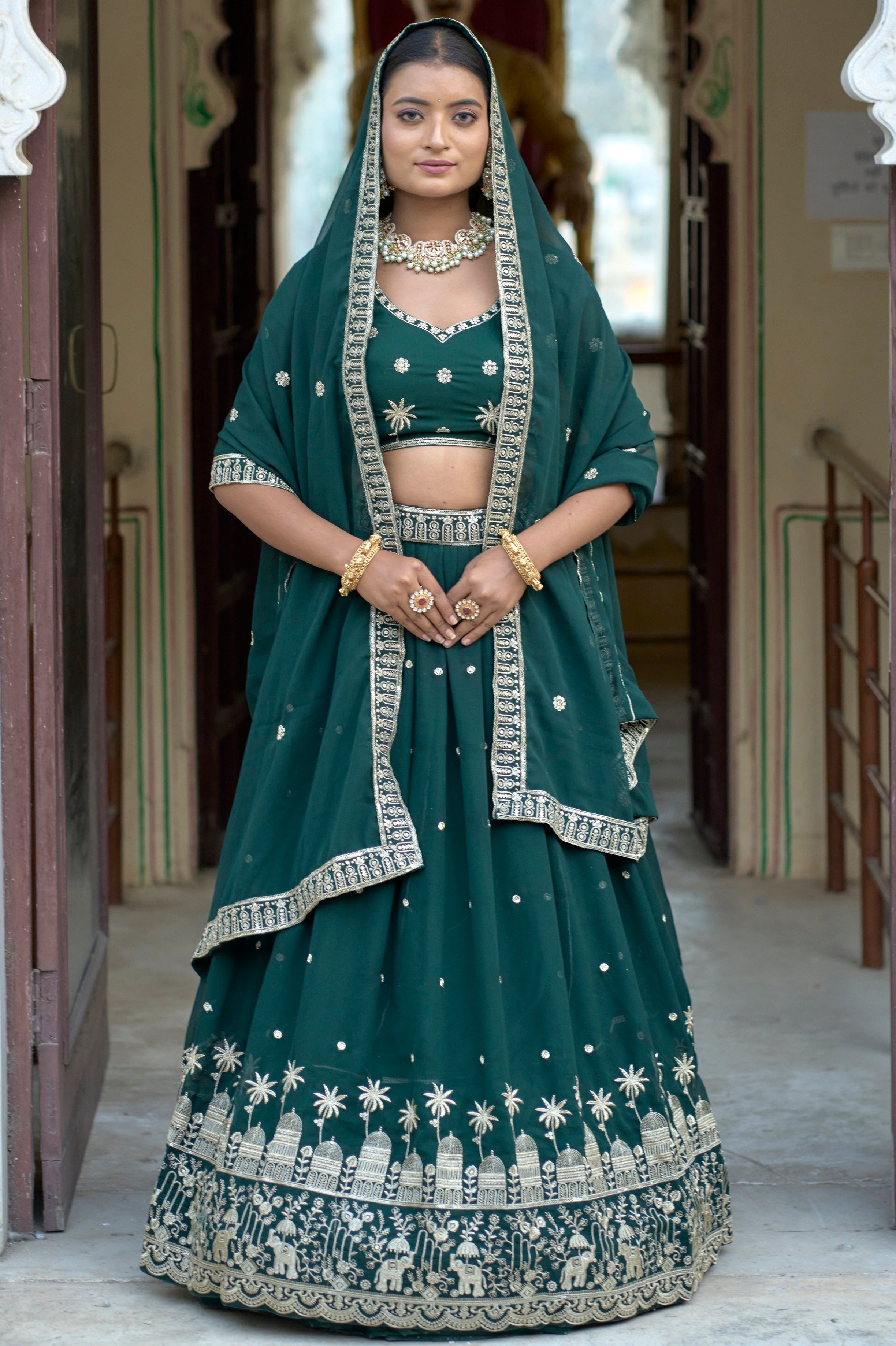 Vedant Vastram Embroidered Heavy Georgette Lehenga Choli With Blouse & Dupatta - Green - Distacart