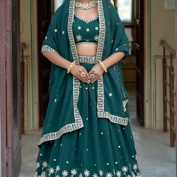 Vedant Vastram Embroidered Heavy Georgette Lehenga Choli With Blouse & Dupatta - Green - Distacart