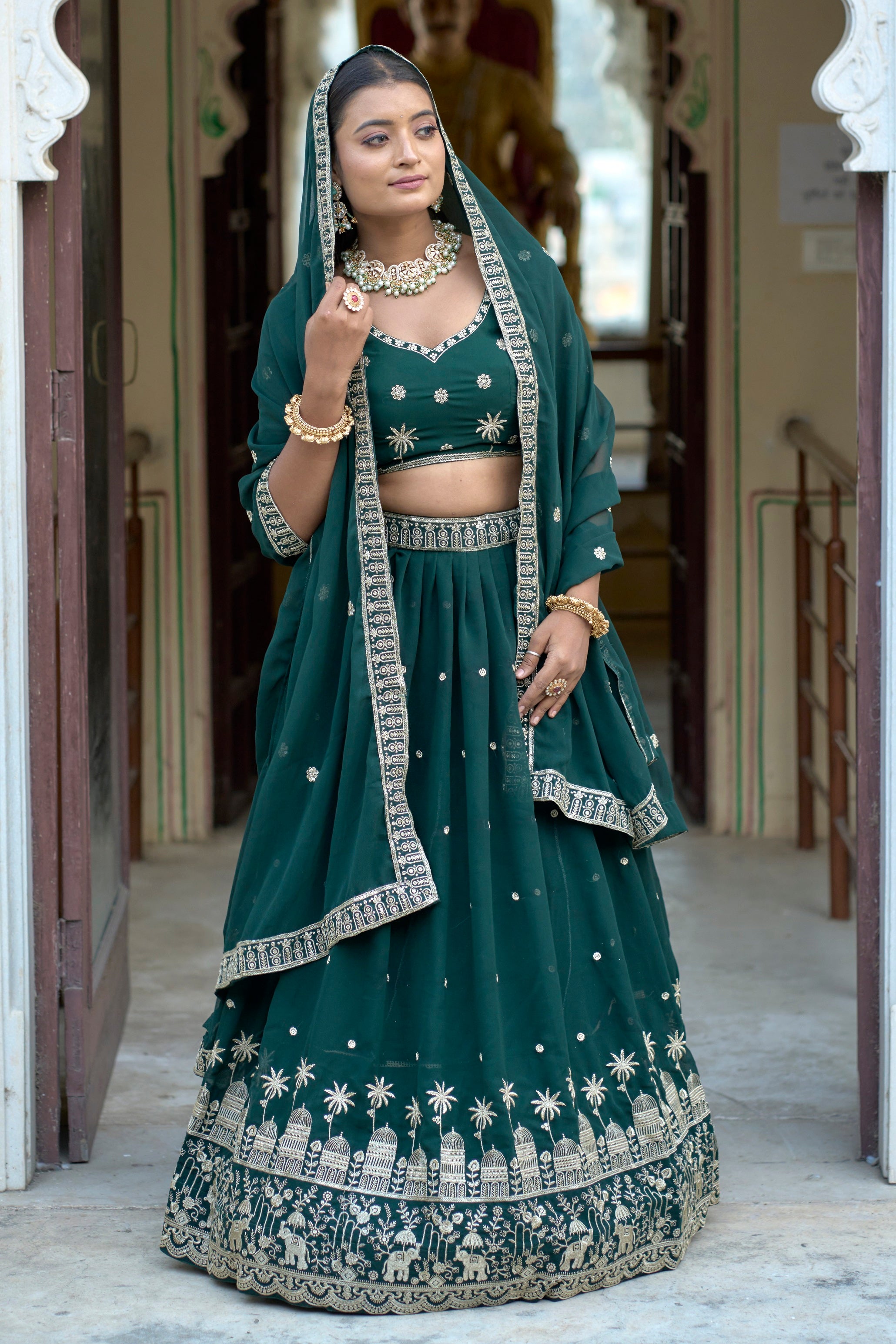 Vedant Vastram Embroidered Heavy Georgette Lehenga Choli With Blouse & Dupatta - Green - Distacart