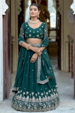 Thumbnail for Vedant Vastram Embroidered Heavy Georgette Lehenga Choli With Blouse & Dupatta - Green - Distacart