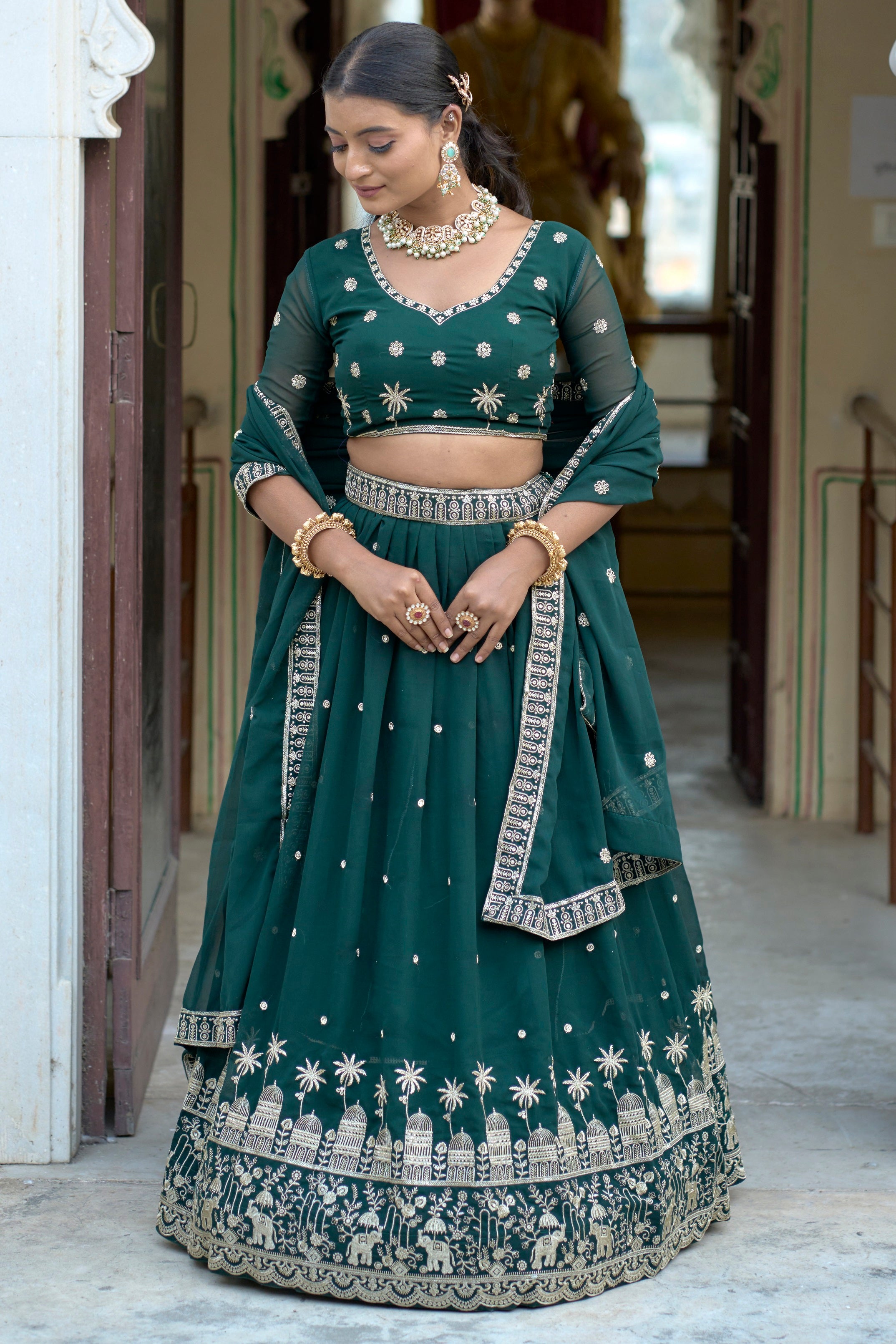 Vedant Vastram Embroidered Heavy Georgette Lehenga Choli With Blouse & Dupatta - Green - Distacart
