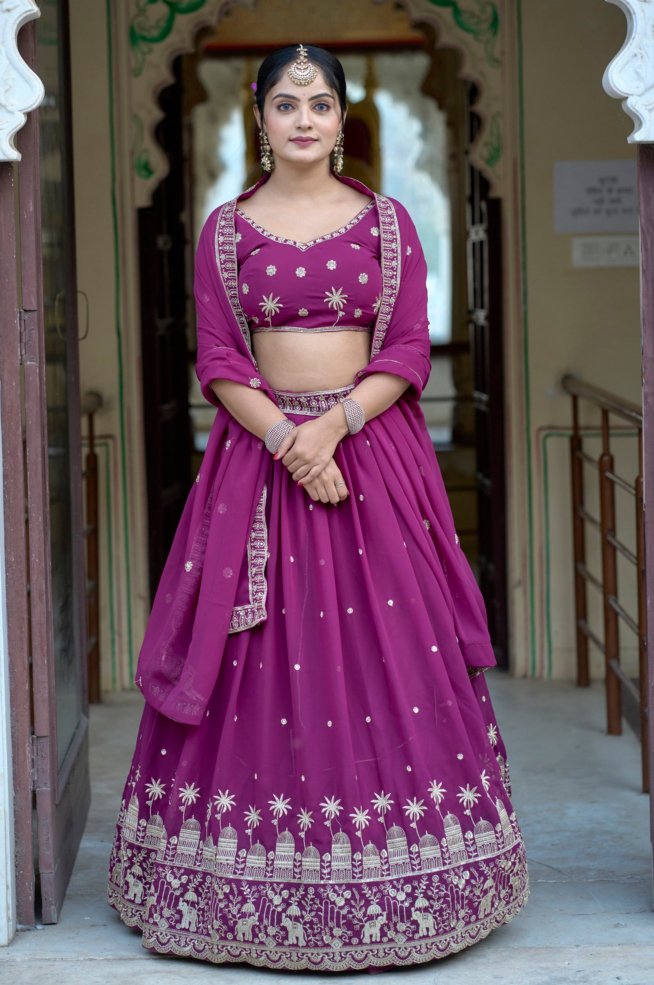 Vedant Vastram Embroidered Heavy Georgette Lehenga Choli With Blouse & Dupatta - Purple - Distacart