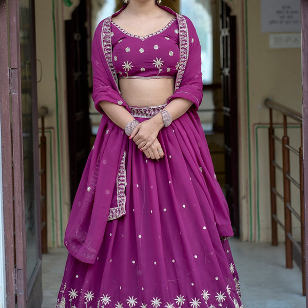 Vedant Vastram Embroidered Heavy Georgette Lehenga Choli With Blouse & Dupatta - Purple - Distacart