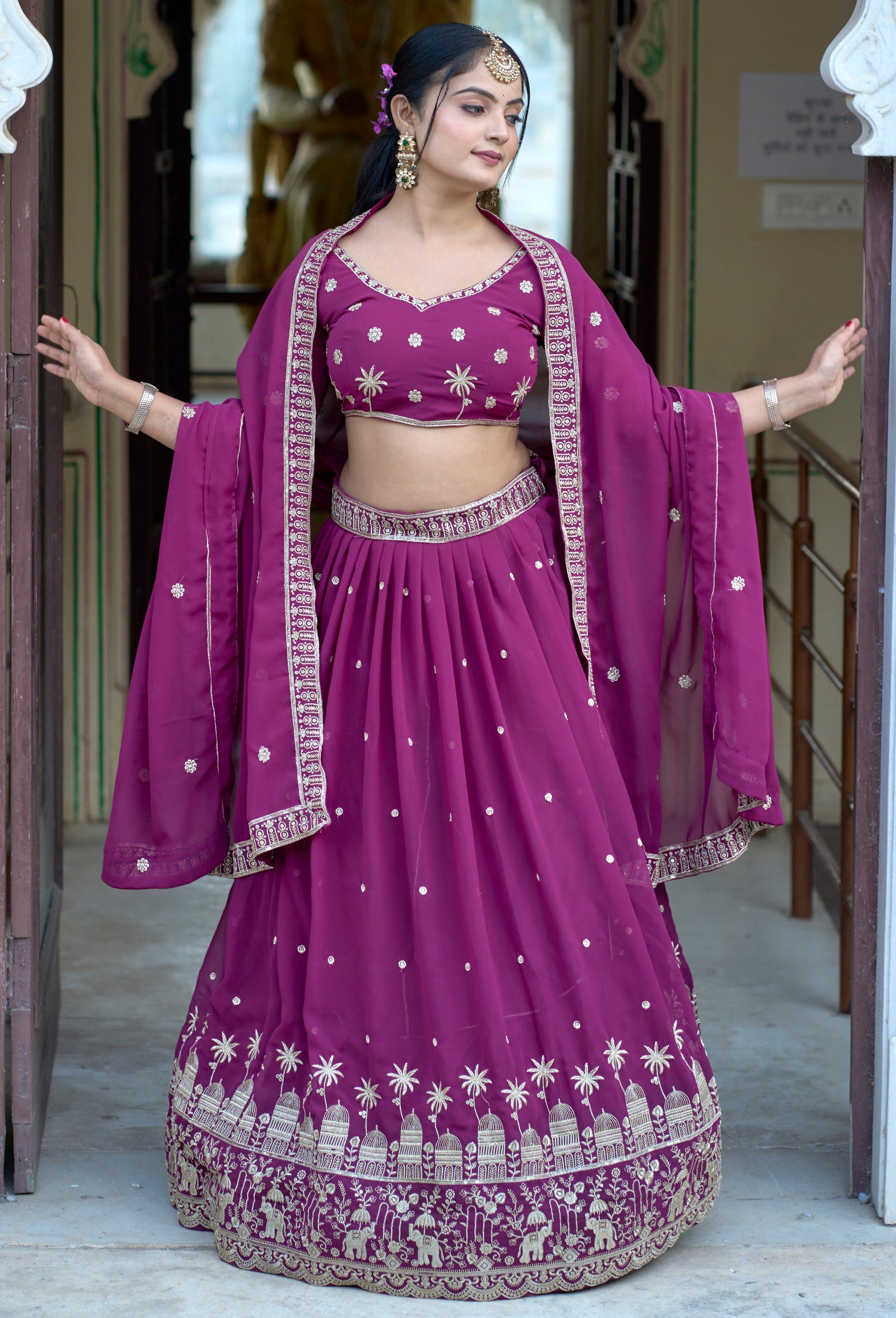 Vedant Vastram Embroidered Heavy Georgette Lehenga Choli With Blouse & Dupatta - Purple - Distacart