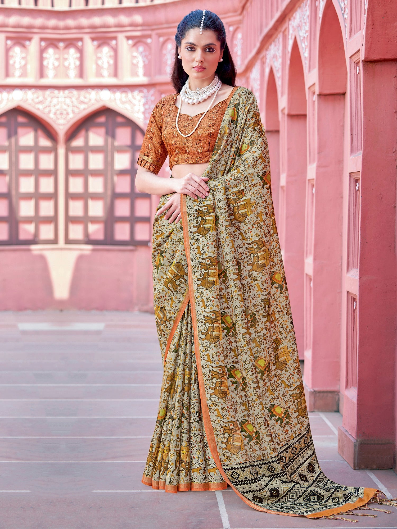 NOZ2TOZ Women's Banarasi Silk Beige Printed Designer Saree With Blouse Piece - Distacart