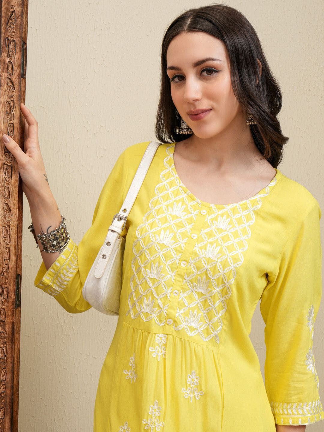 Vishudh Yellow Floral Embroidered Round Neck Thread Work Straight Kurta With Palazzos - Distacart