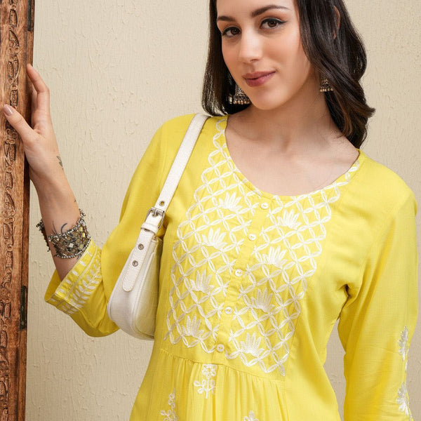 Vishudh Yellow Floral Embroidered Round Neck Thread Work Straight Kurta With Palazzos - Distacart