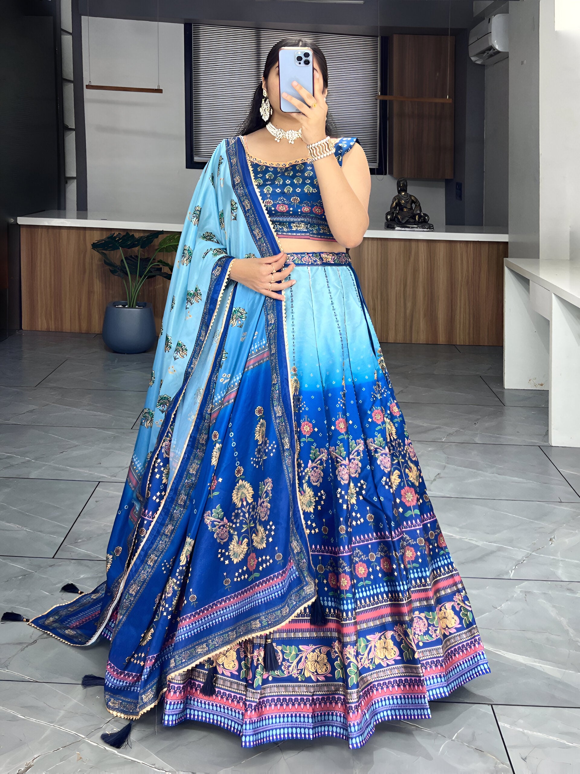 Lehenga Mart Designer Art Silk Printed Lehenga Choli - Blue - Distacart