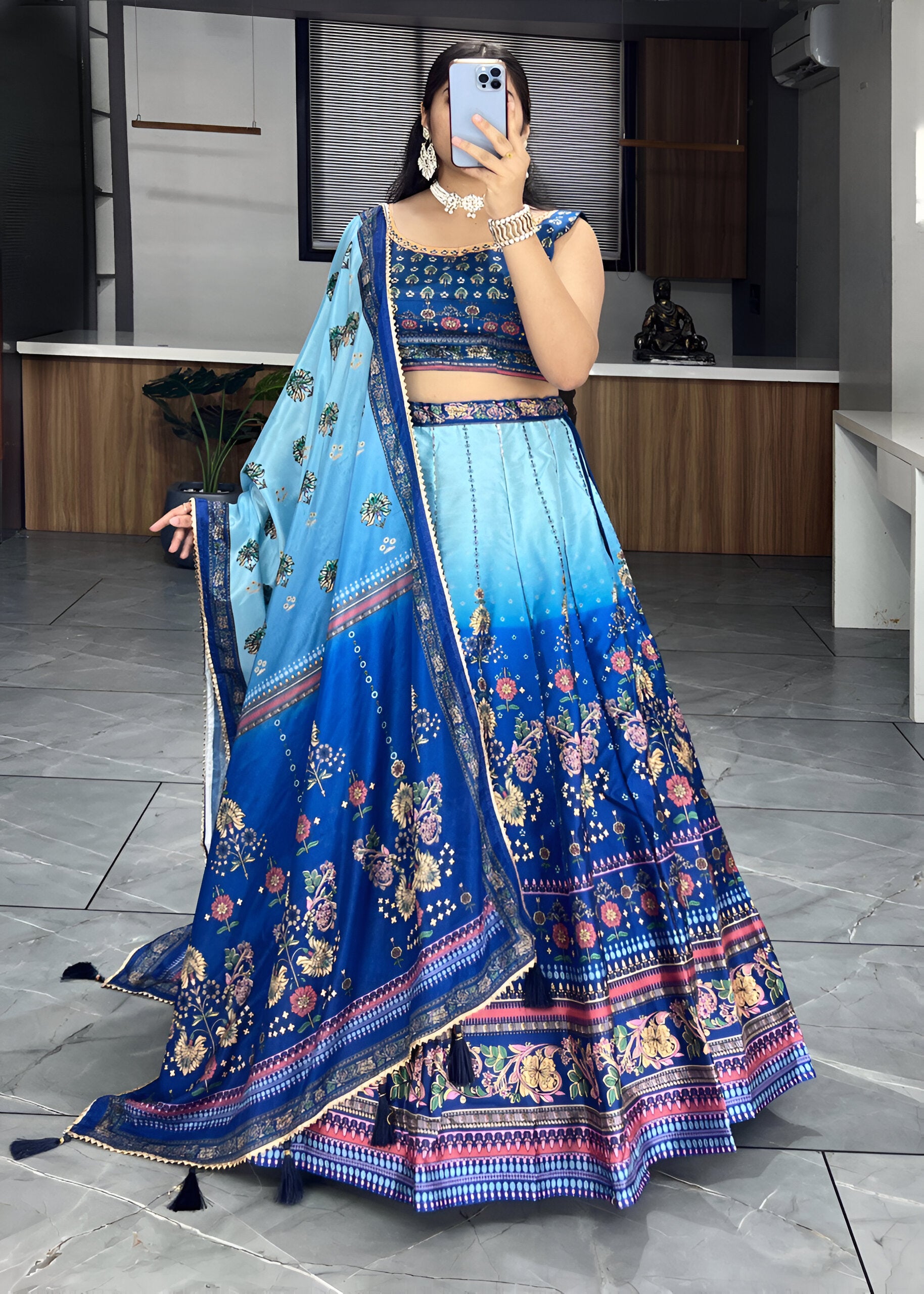 Lehenga Mart Designer Art Silk Printed Lehenga Choli - Blue - Distacart