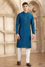 Thumbnail for Raivat Ethnic Banarasi Art Silk Mirror Work Kurta Pajama In Blue Colour
