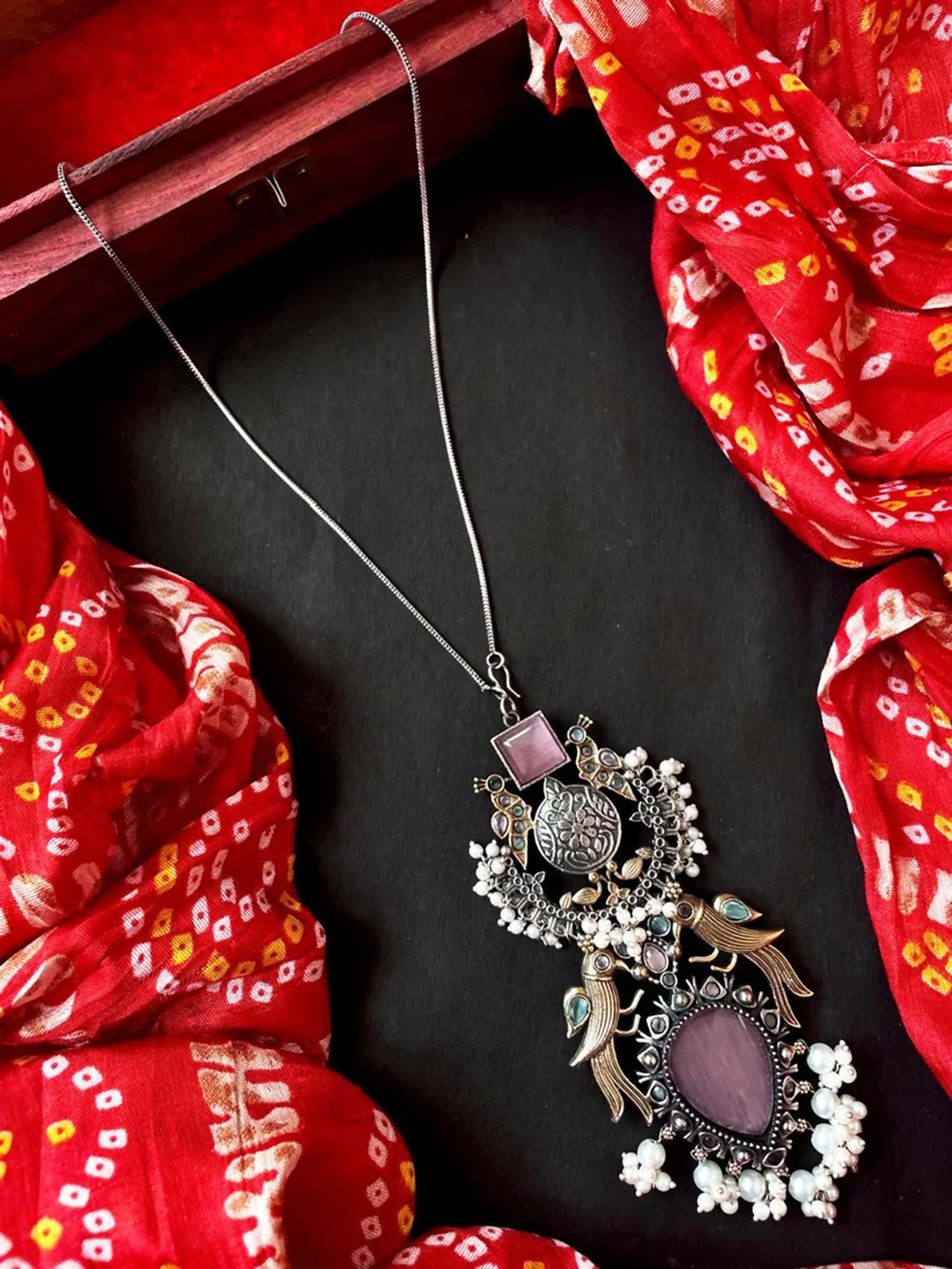 Joban Fashion Onion Pink Brass Monalisa Stone Dual Tone Beaded Pendant Chain Necklace - Distacart