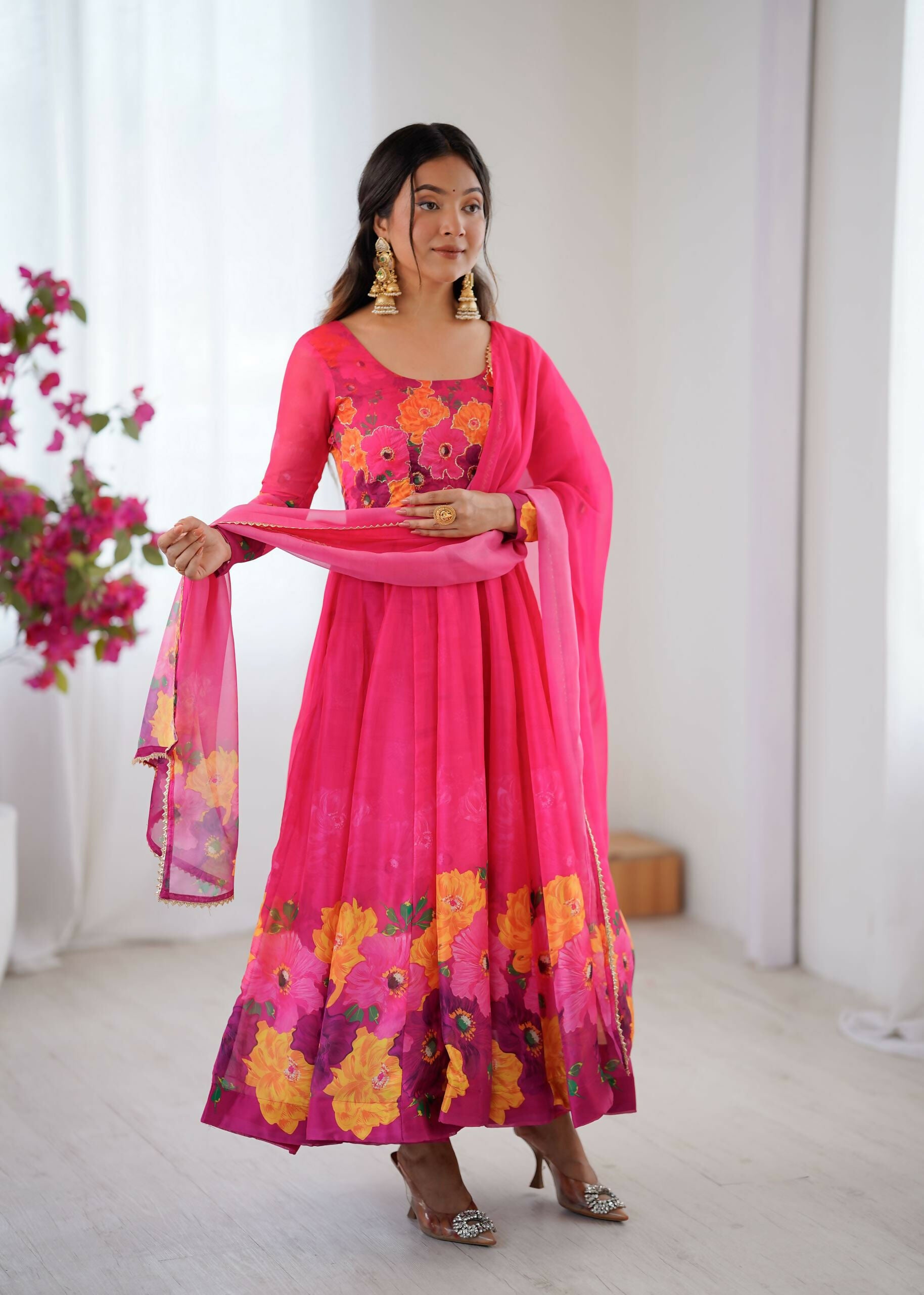 Teeya Creation Womens New Organza Soft Taby Silk Heavy Quality Fabric With Digital Print Pink Gown Set - Dista