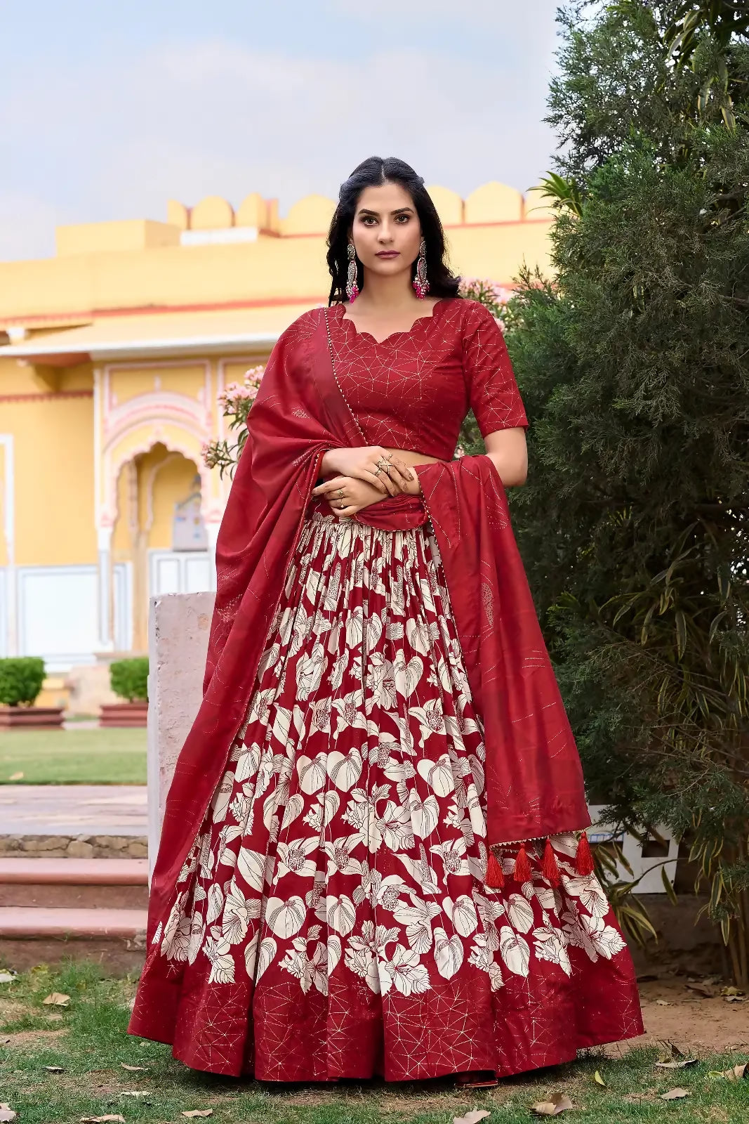 Looknbook Art Women Tussar Silk Floral Printed Lehenga Choli with Dupatta-Red