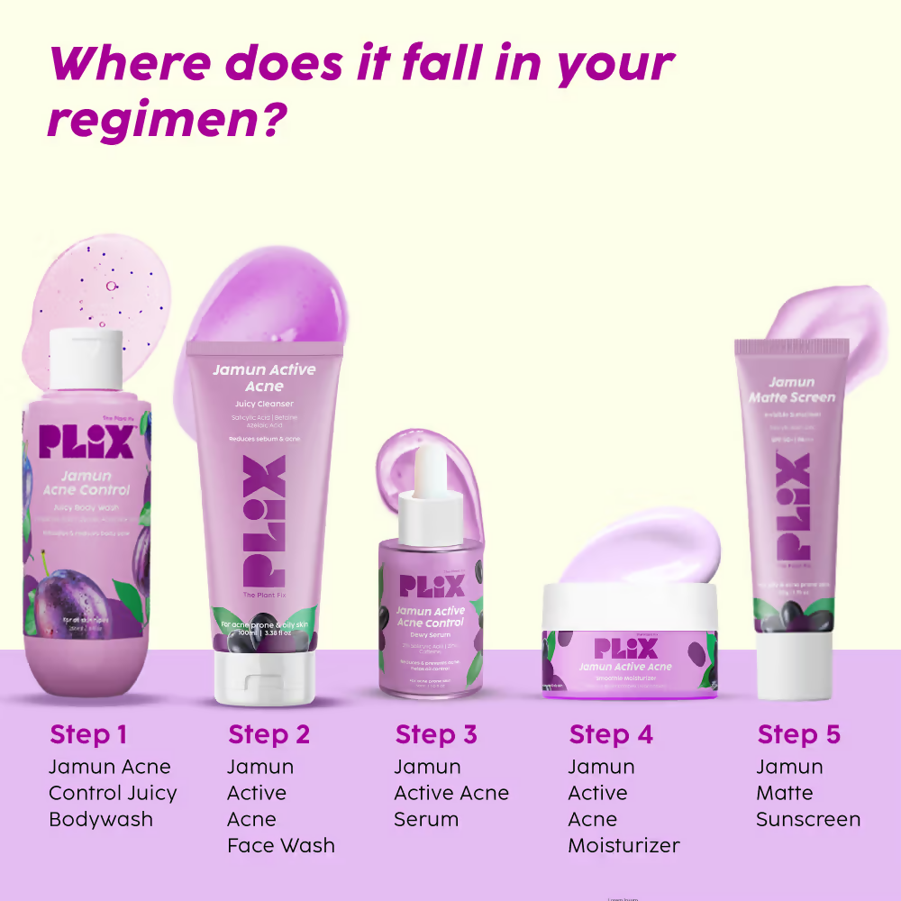 PLIX The Plant Fix Jamun Active Acne Regime - Cleanser, Acne Mark Serum, Moisturizer & Body Wash For Women & Men - Distacart