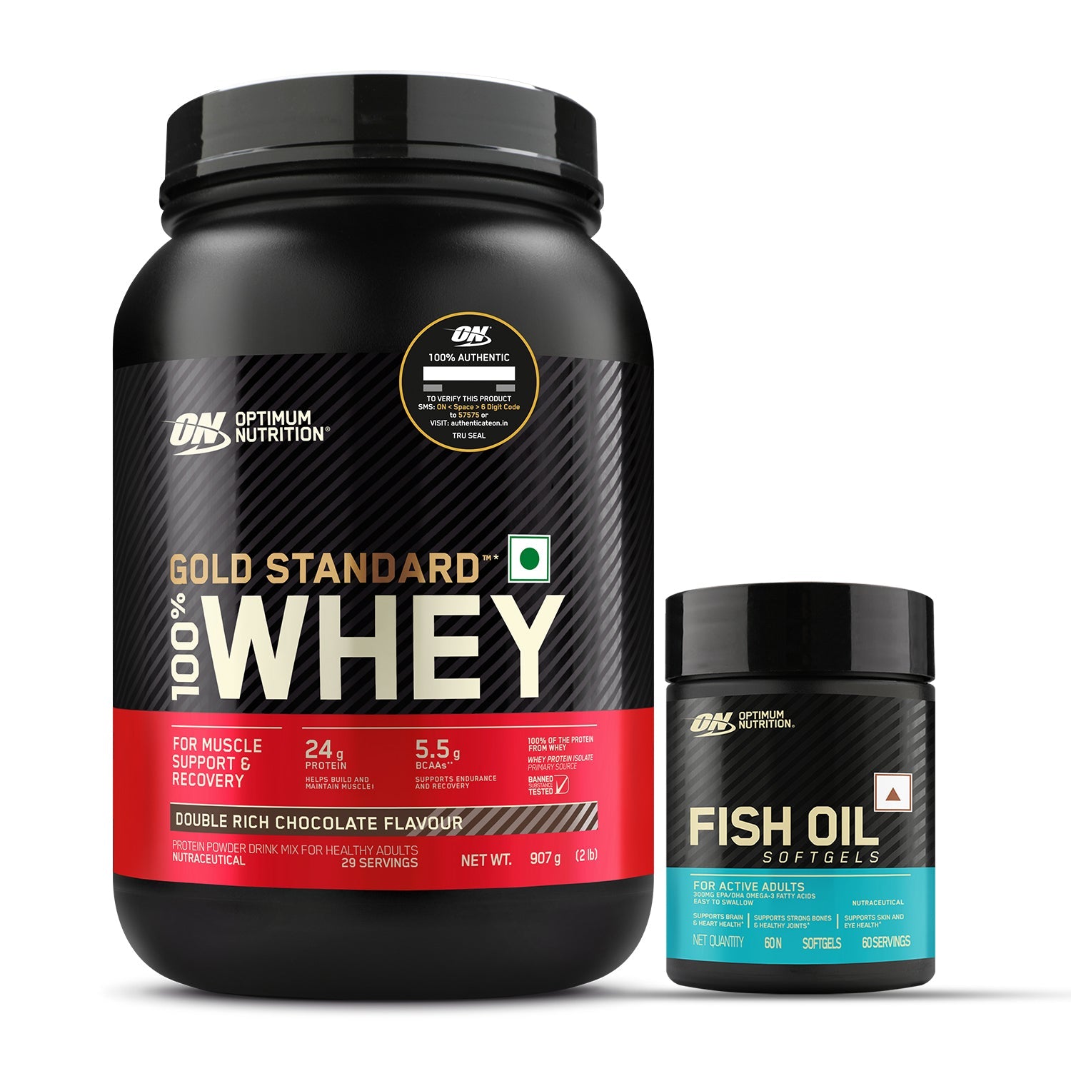 Optimum Nutrition Gold Standard 100% Whey Protein Powder (Double Rich Chocolate) 907gm & Fish Oil-60 Capsules