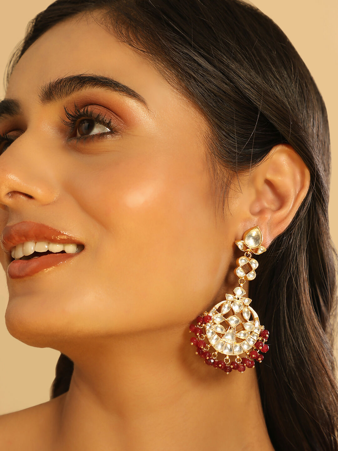 Nuyug 22K Gold Plated Serenoor Ruby Kundan Chandbali Earrings
