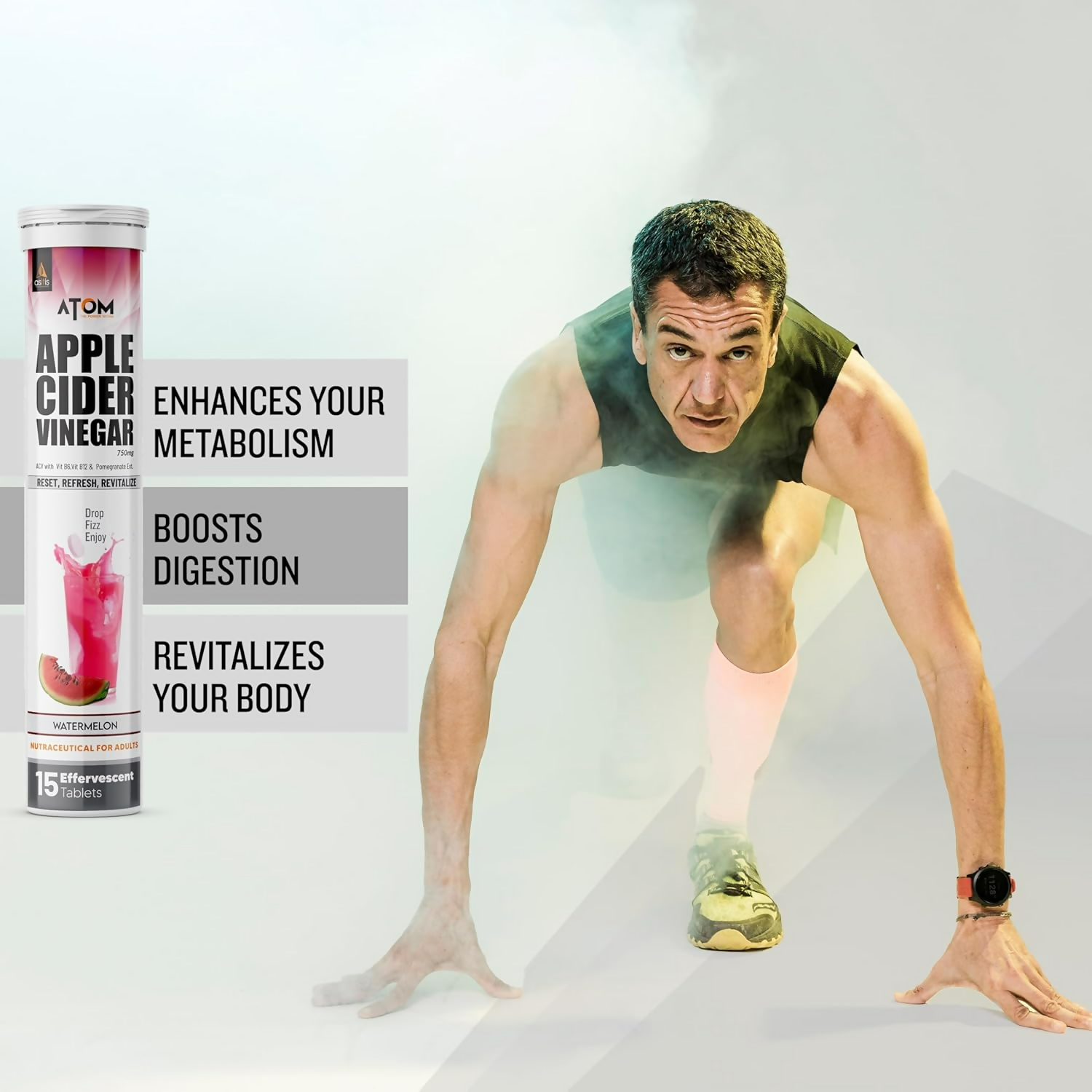 As-It-Is Atom Apple Cider Vinegar Effervescent Tablets Water Melon Flavor For Weight Loss