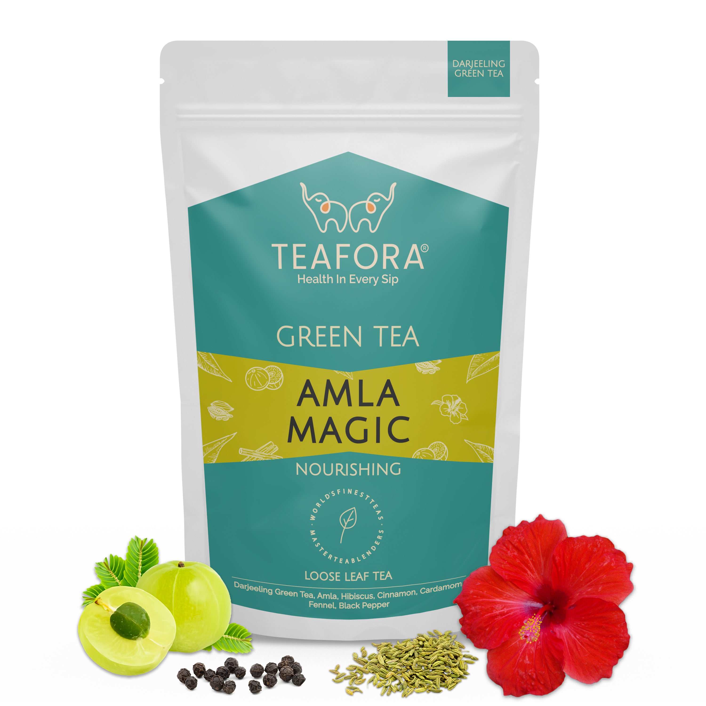 TEAFORA Amla Magic Green Tea | Whole Leaf Tea | Blended with Amla, Hibiscus, Fennel, Cardamom & Cinnamon | 100% NATURAL | Brew Hot or Iced Tea - Dista