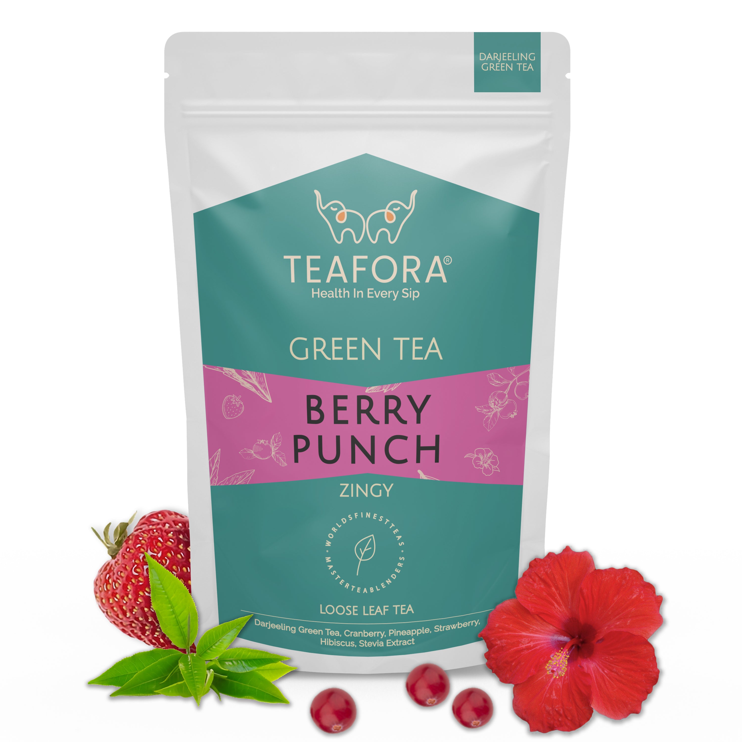 TEAFORA Berry Punch Green Tea | Zingy & Refreshing | Darjeeling Tea Loose | 100% Natural Fresh Berries & Hibiscus Flower | Brew Hot or Iced Tea - Dista
